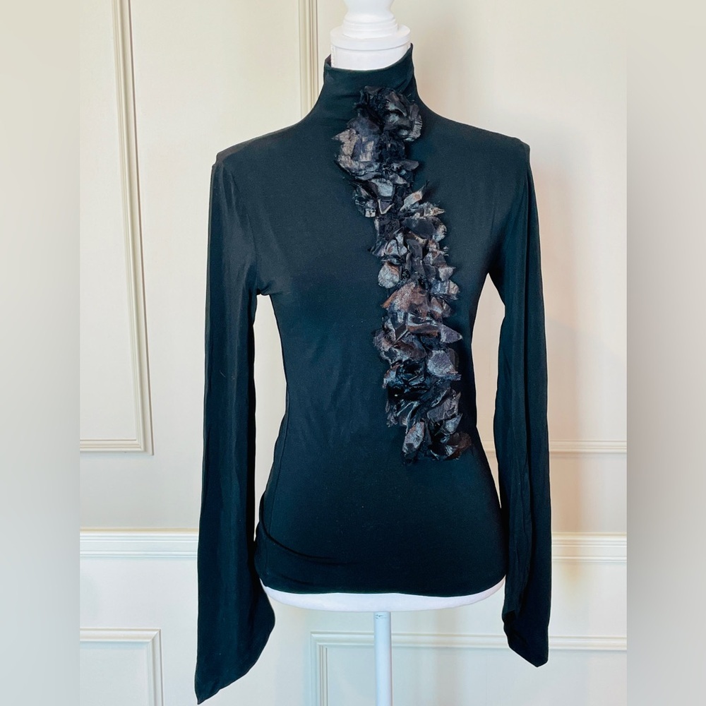 Isbel De Pedro 6 Black Stretch Turtleneck Floral Ruffle Couture Quiet Luxury